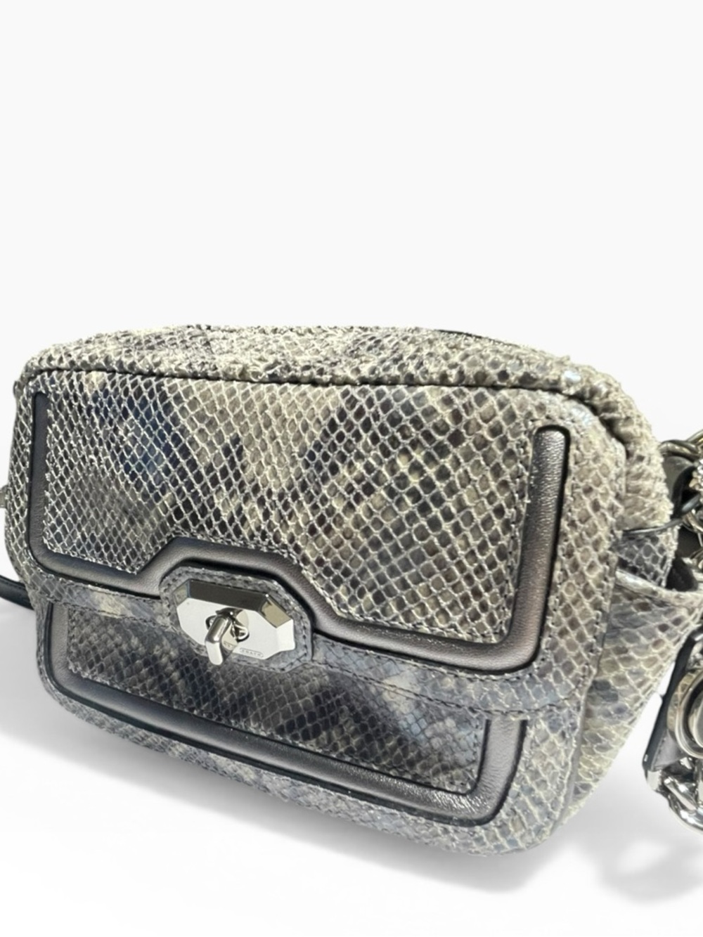 Coach Snakeskin Embossed Leather Shoulder Bag Chain Strap Y2K Mini Flap Grey - Picture 14 of 16